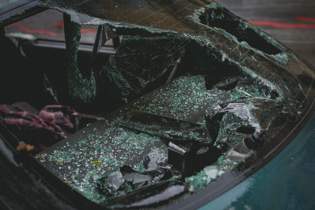 Damaged vehicles after a car accident on the road