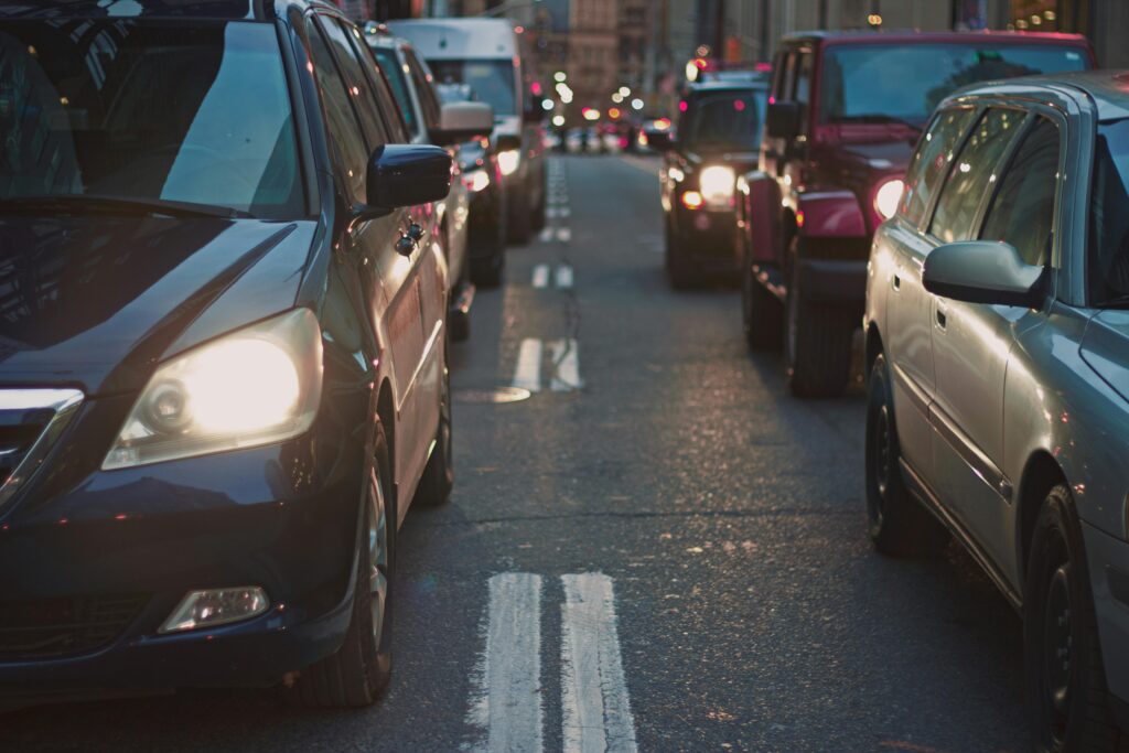 Heavy traffic congestion on a major highway during rush hour.