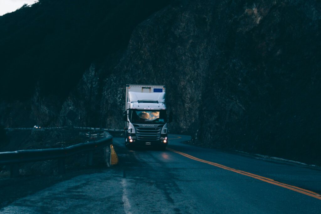 Commercial truck driving on a road