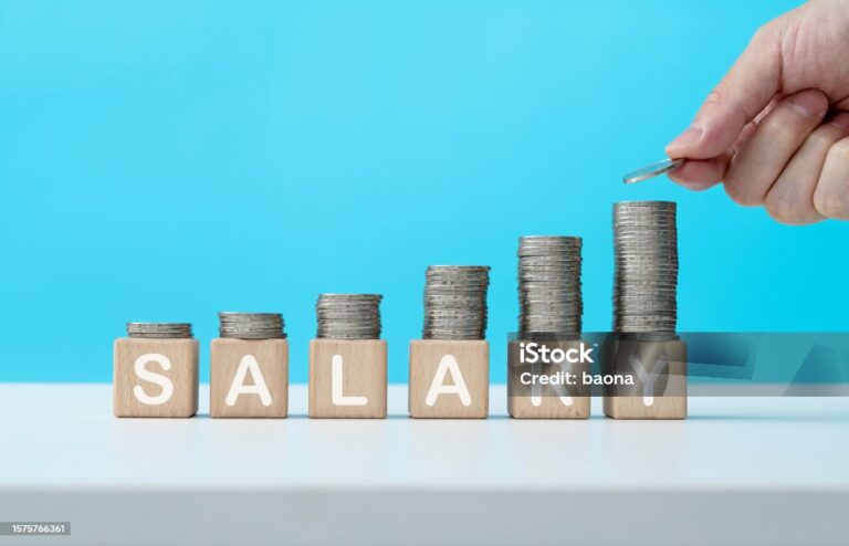 Stack of coins on word salary